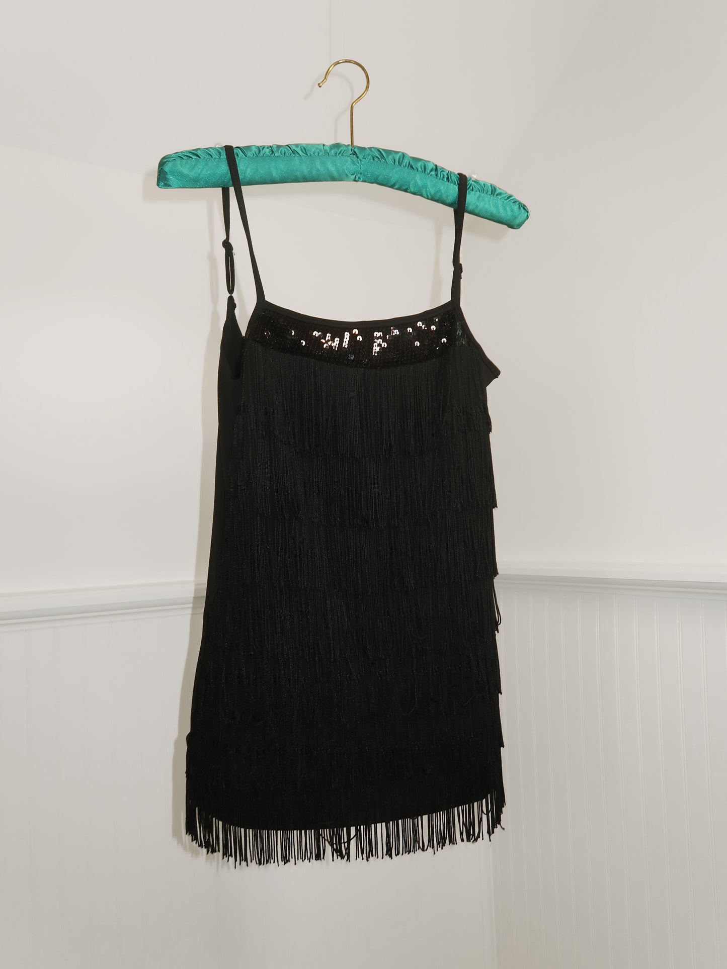 Express Women XS Top Sequence Fringed Open Back Spaghetti Strap Black