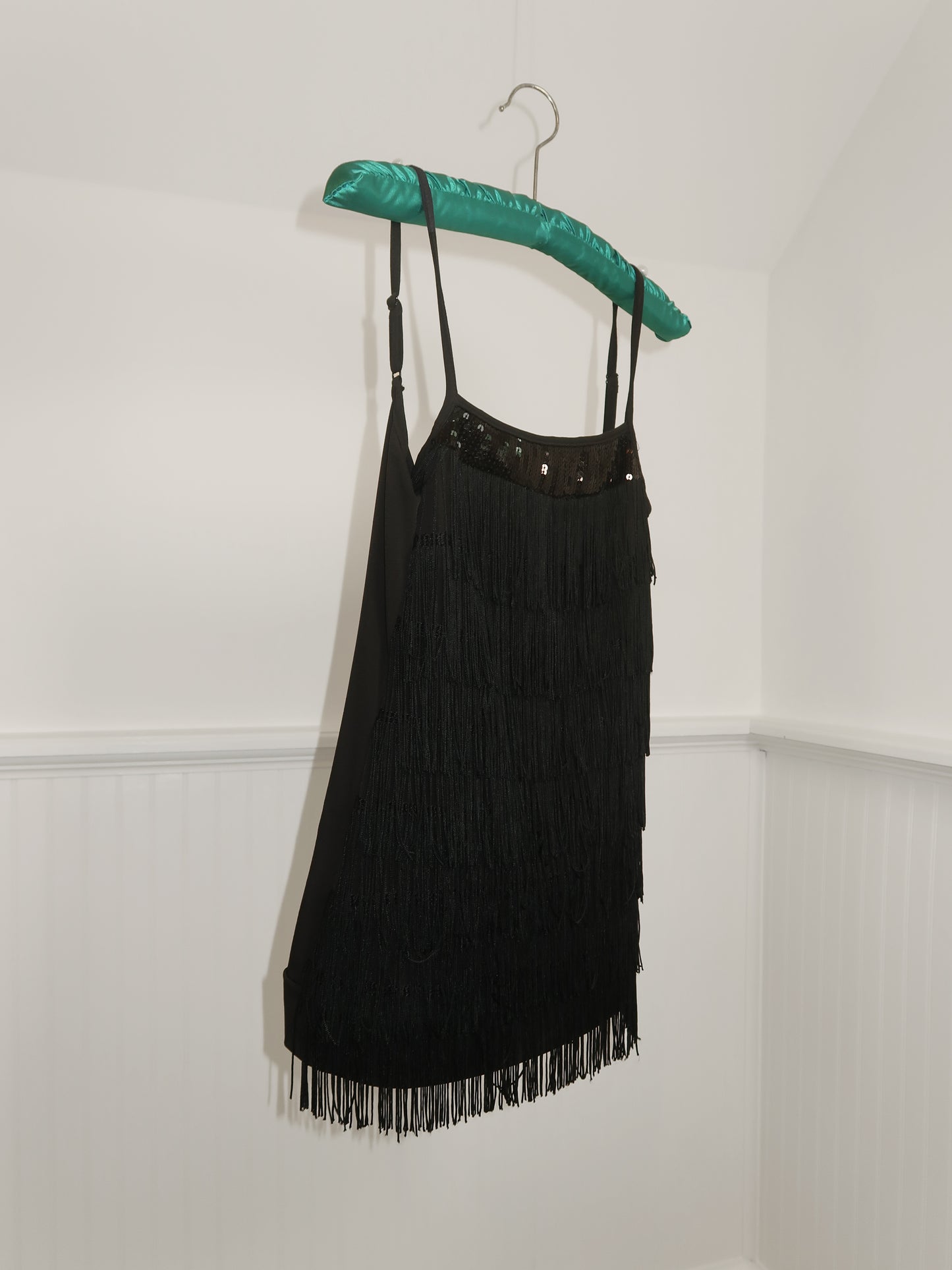 Express Women XS Top Sequence Fringed Open Back Spaghetti Strap Black