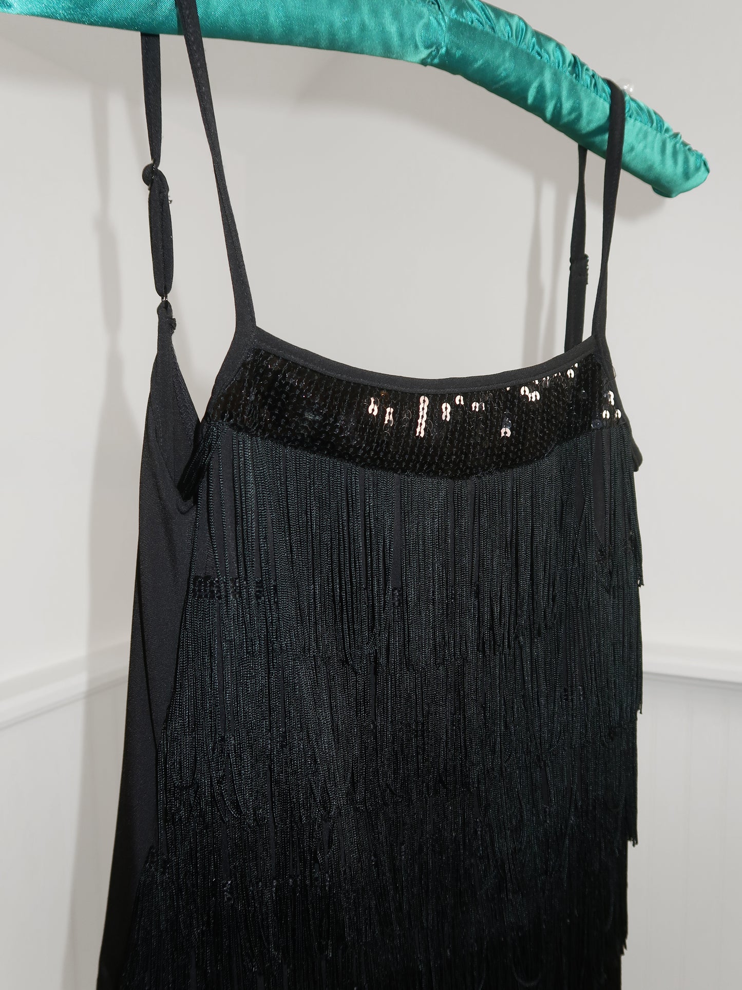 Express Women XS Top Sequence Fringed Open Back Spaghetti Strap Black
