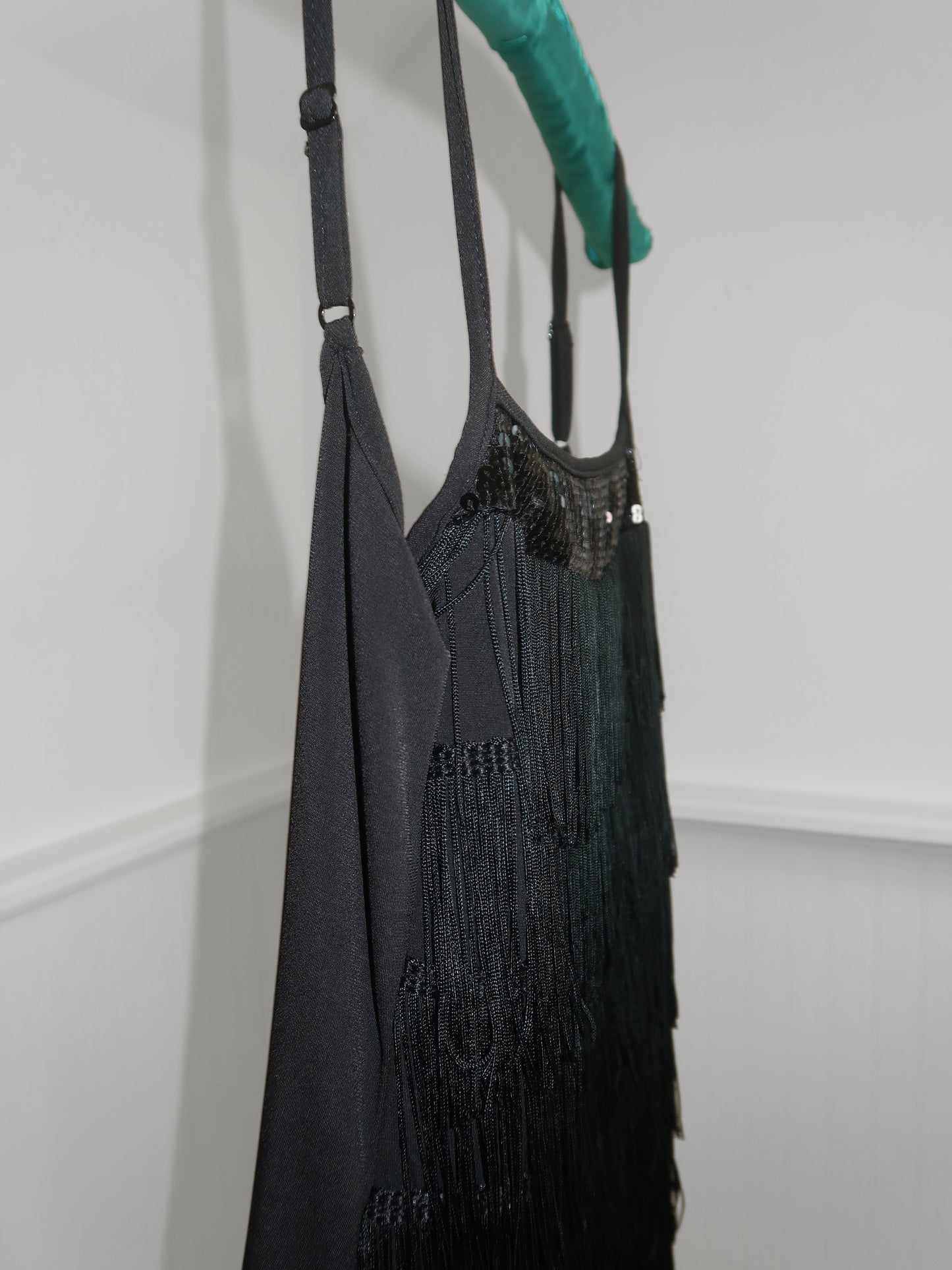 Express Women XS Top Sequence Fringed Open Back Spaghetti Strap Black